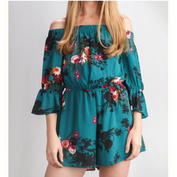 Pants - floral cold shoulder romper- boho w/ bell sleeves